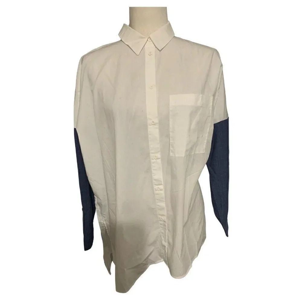 zara womens white blue long sleeve top dress shirt small